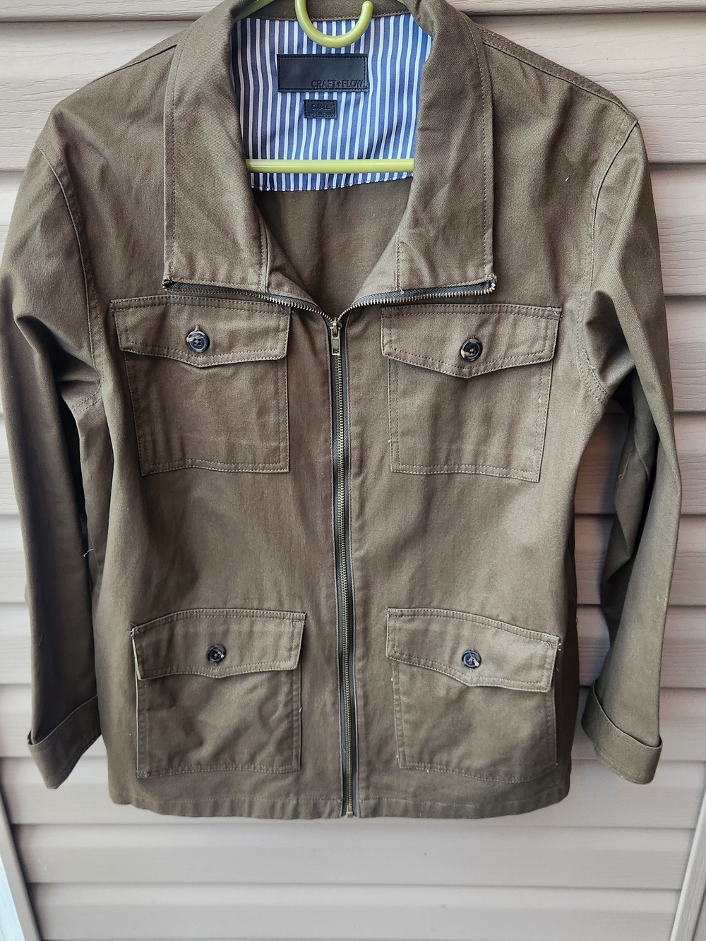 Craft And Flow Olive Green Utility Cotton Zip Up Jacket Small military Green